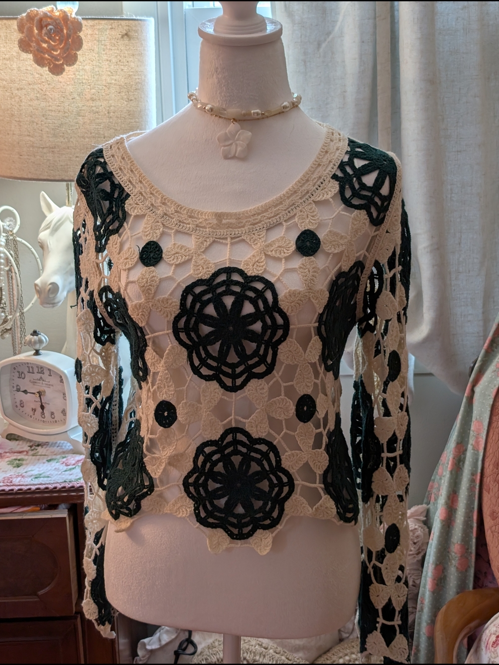 Rebellion Crochet Floral Lace Long-Sleeve Tunic in Cream & Black
